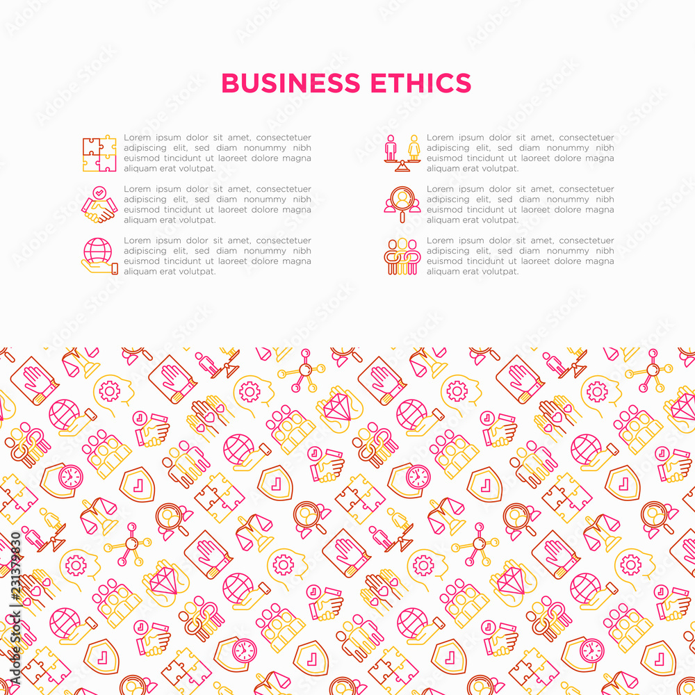 Business ethics concept with thin line icons: union, trust, honesty, responsibility, justice, commitment, no to racism, recruitment service, teamwork. Vector illustration, print media template.