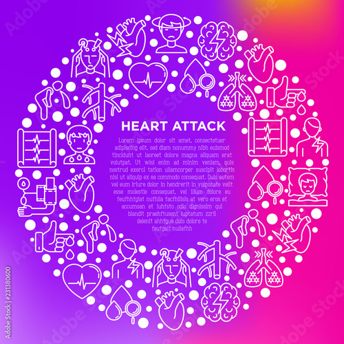 Heart attack symptomps concept in circle thin line icons: dizziness, dyspnea, cardiogram, panic attack, weakness, acute pain, cholesterol level, diabetes. Vector illustration, print media template.
