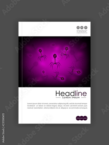 Medical book cover design A4. Annual report with bacteriophage cell culture background in velvet with spikes, dna, tail. Bacteria, virus. Microbiological 3d realistic scientific vector