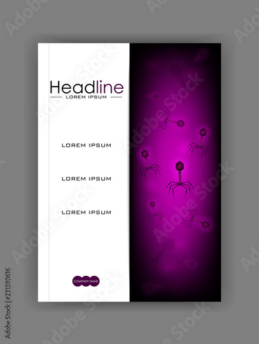 Medical book cover design A4. Annual report with bacteriophage cell culture background in velvet with spikes, dna, tail. Bacteria, virus. Microbiological 3d realistic scientific vector
