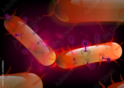 Bacteriophage attacking cell culture background with spikes, DNA, tail. Bacteria, virus. Microbiological 3d realistic scientific vector