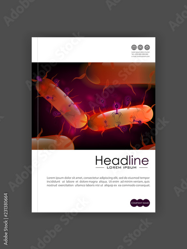 Orange 3d bacteria cell culture with flagellums. Bacteriophage attacking cell culture. Bacteria, virus. Cover design A4 for books, journals, conferences, medical reports, banners. Vector