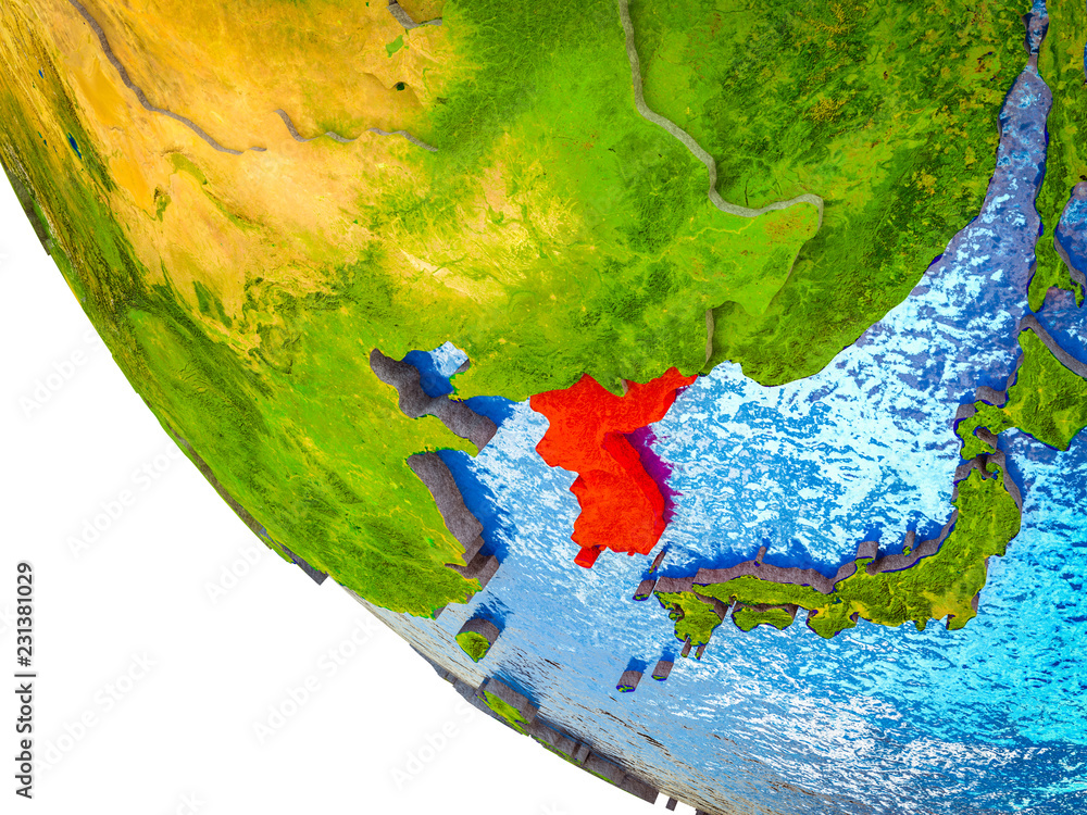 Korea on model of Earth with country borders and blue oceans with waves.