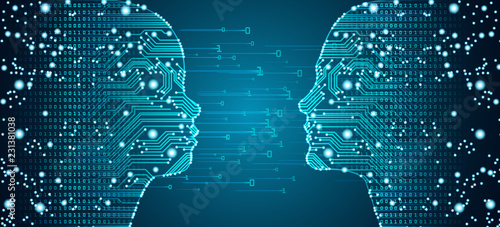 Big data, artificial intelligence, machine learning in online face-to-face parent child communciation in form of child and women faces outline with circuit board and binary data flow.