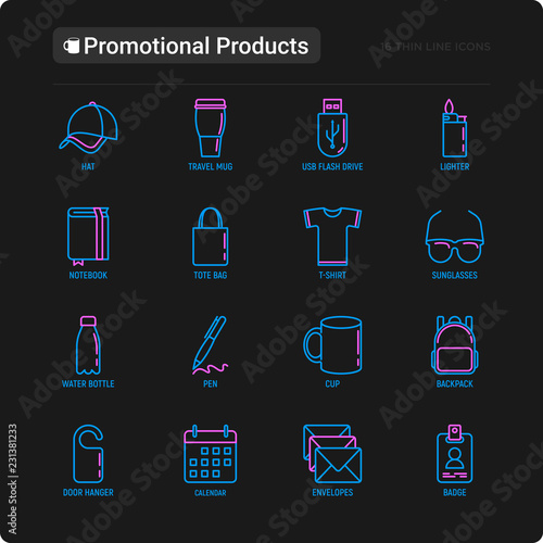 Promotional products thin line icons set: notebook, tote bag, sunglasses, t-shirt, water bottle, pen, backpack, cup, hat, travel mug, usb, lighter, calendar. Modern vector illustration for black theme