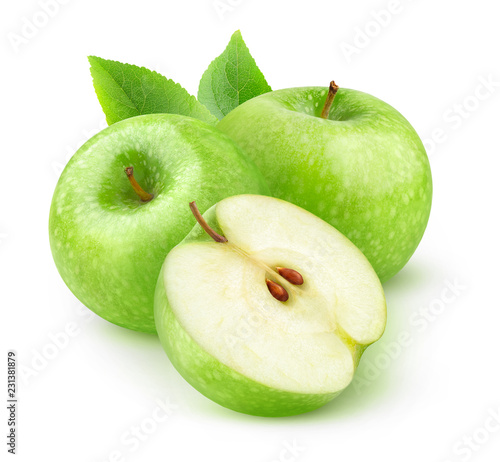 Isolated fruits. Cut green apples isolated on white background with clipping path