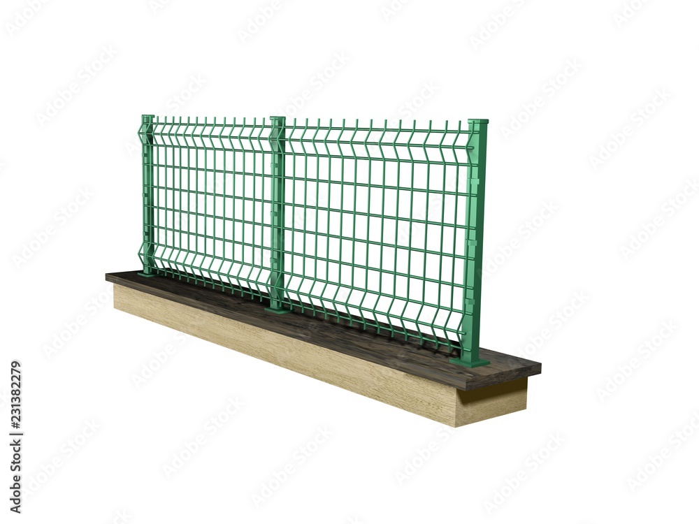 grating wire industrial fence panels, green pvc metal fence panel on  isolated white background 3D illustration ilustración de Stock | Adobe Stock