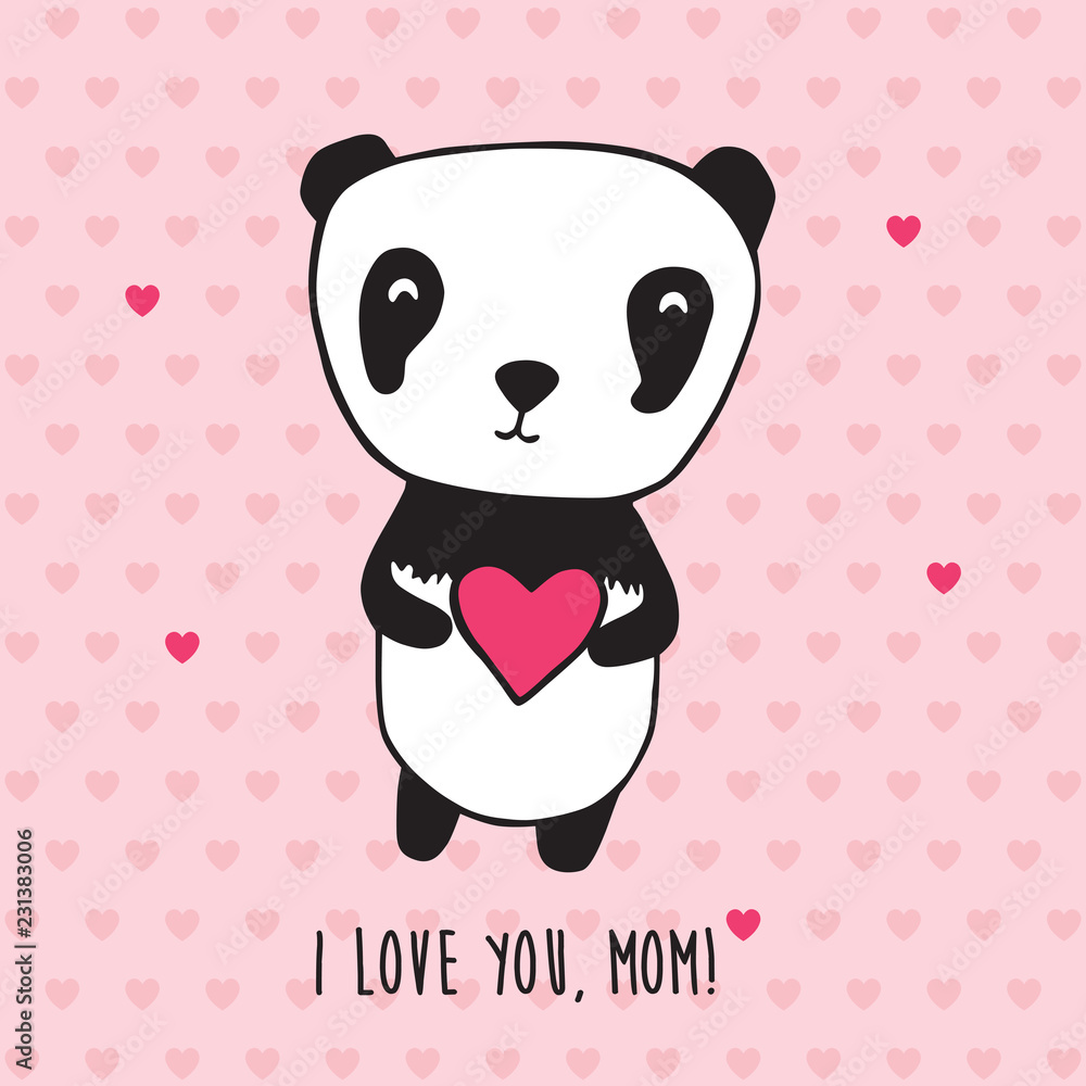 Happy Mother's Day. Greeting card for Mother's Day, Valentine's Day,  birthday with panda and hearts. Hand drawn panda for your design. Doodles,  sketch. Vector illustration Stock Vector | Adobe Stock