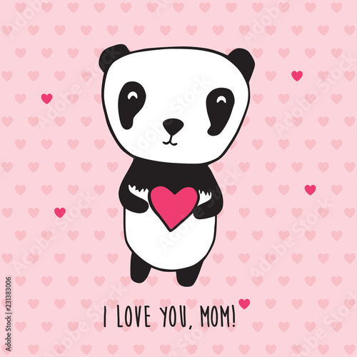 Fototapeta Naklejka Na Ścianę i Meble -  Happy Mother's Day. Greeting card for Mother's Day, Valentine's Day, birthday with panda and hearts. Hand drawn panda for your design. Doodles, sketch. Vector illustration