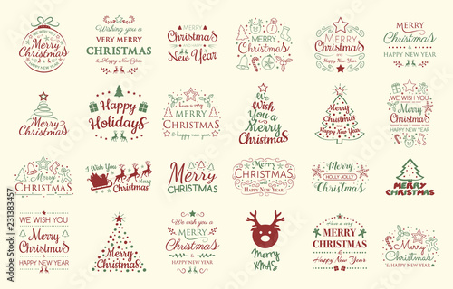 Christmas greeting cards with decorations and wishes - collection. Vector.