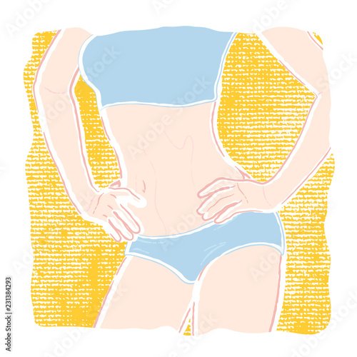 Pastel-colored illustration of a young healthy slim woman in underwear panties and bra with hands on hips posing while arching slightly.
