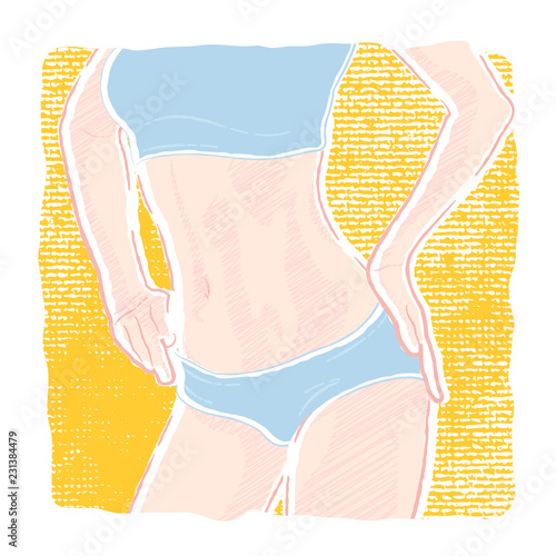Pastel-colored illustration of a young healthy slim woman body with a flat belly in underwear panties and bra who posing three-quarter with hands on hips.