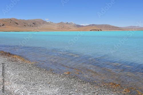 Lakes of Tibet. Lake of Sam Co in summer in clear weather