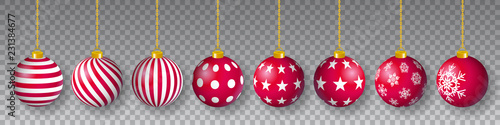 Vector collection of beautiful hanging red colored decorated christmas ornaments on transparent background.