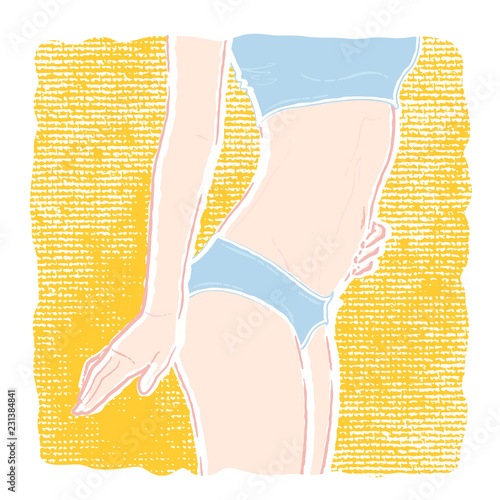 Pastel-colored illustration of a young healthy slim woman body with a flat belly in underwear panties and bra who posing three-quarter with hands on hips.