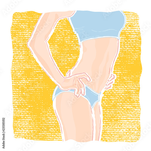Vector path illustration of a young healthy slim woman body with a flat belly in underwear panties and bra who posing three-quarter with hands on hips.