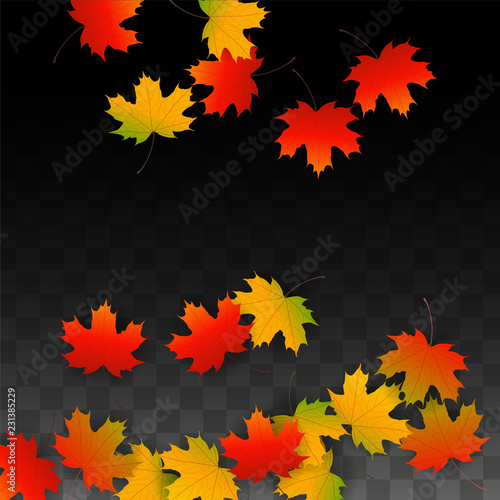 September Vector Background with Golden Falling Leaves. Autumn Illustration with Maple Red, Orange, Yellow Foliage. Isolated Leaf on Transparent Background. Bright Swirl. Suitable for Posters.