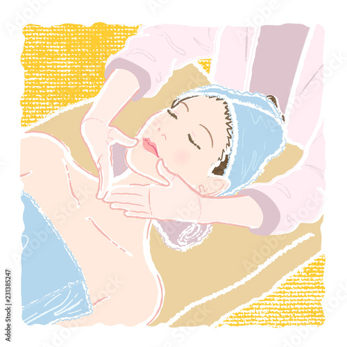 Pastel-colored illustration of a young woman in a bathrobe lying on her back and being massaged by a beautician on her commissures of the lips of the mouth to attenuate and lift wrinkles.
