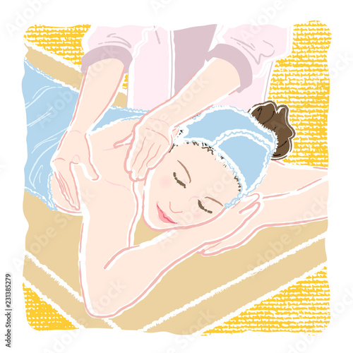 Pastel-colored illustration of a young woman with closed eyes in a bathrobe lying on her stomach and being massaged by a beautician on her back and shoulders to relax and destress.