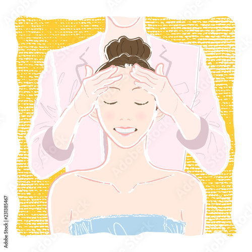 Pastel-colored illustration of a young smiling woman with closed eyes in a bathrobe being massaged by a beautician on her forehead to attenuate and lift wrinkles.