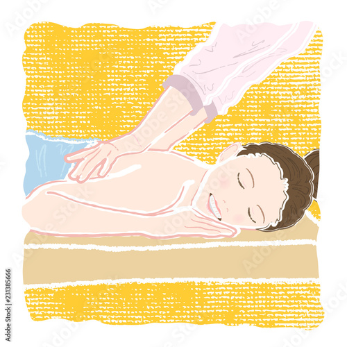 Pastel-colored illustration of a young smiling woman with closed eyes in a bathrobe lying on her stomach and being massaged by a beautician on her back and shoulders to relax and destress.