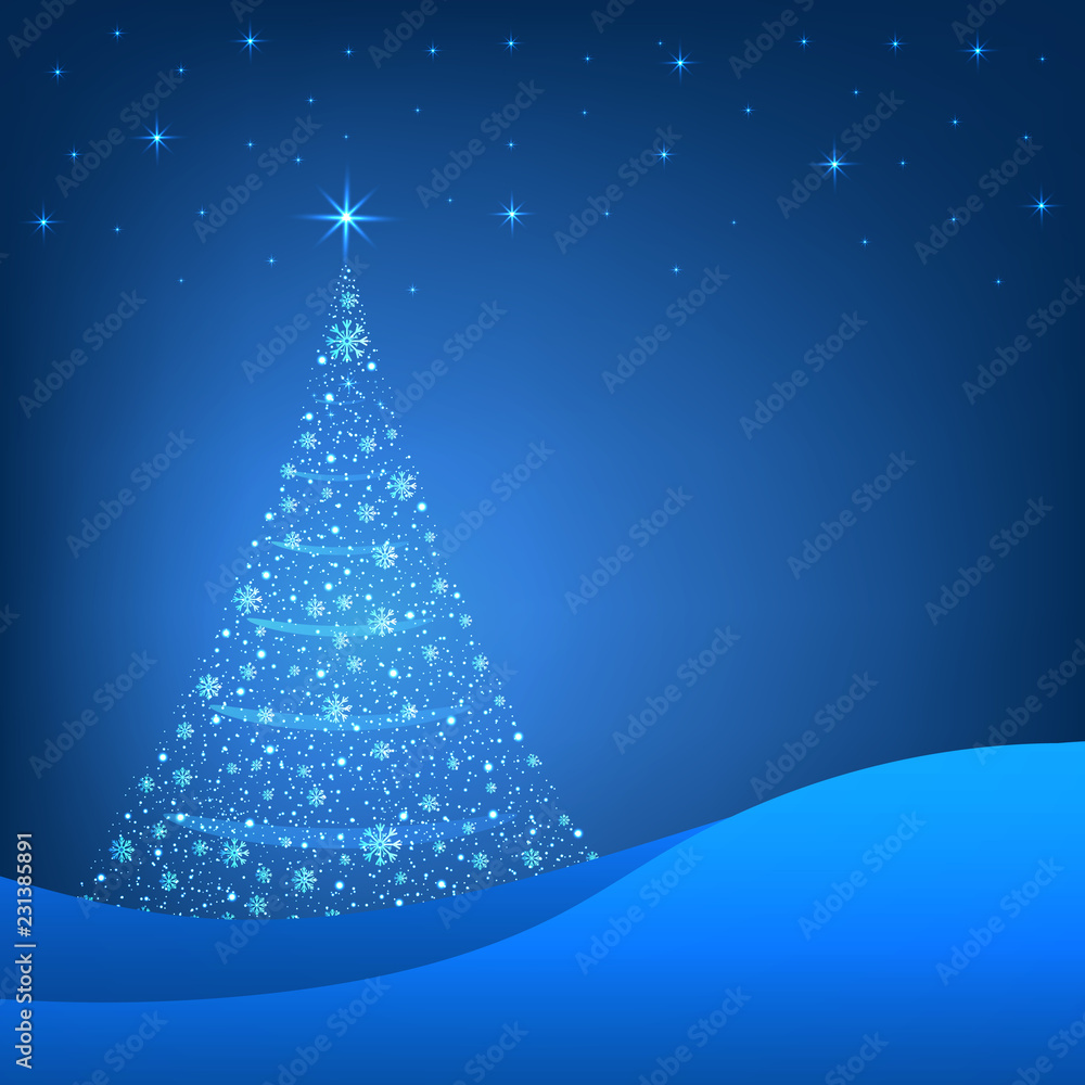 Abstract Christmas tree with glowing snowflakes background. Vector illustration.