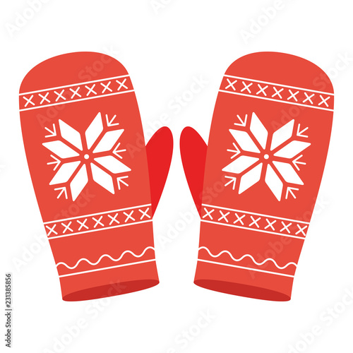 Two red mittens with christmas pattern on white background