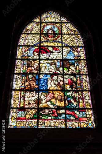 Stained glass window of the adoration of the shepherds, located in the chapel of San Jose, dates back to the year 1932, the cathedral of Seville, Spain