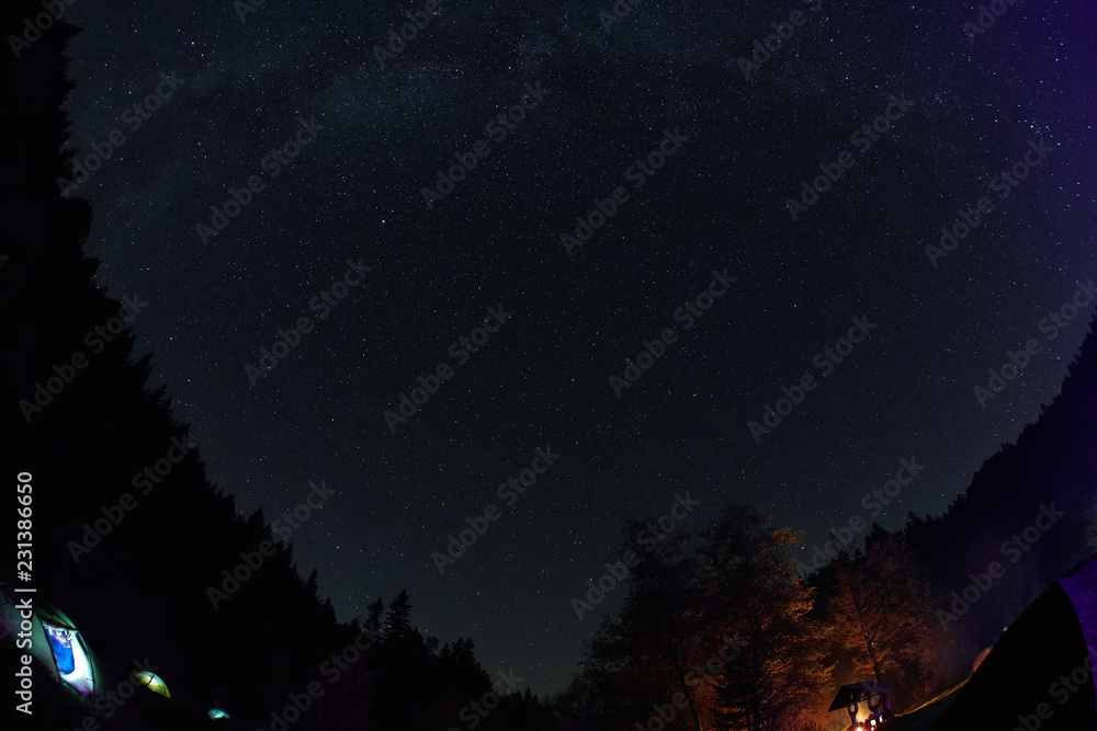 campsite on a glade in a pine woods in fall at night. Night view of campsite and starry sky in mountains campsite on a glade in a pine woods in fall at night. Night view of campsite and starry sky in mountains