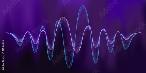 Digital equalizer sound wave vector illustration. Music neon background. Illuminated digital wave of glowing particles. HUD element technology concept. Dynamic light flow with neon light effect.