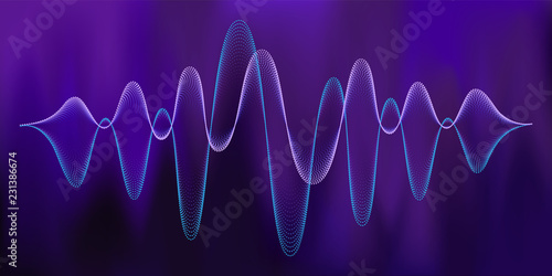Digital equalizer sound wave vector illustration. Music neon background. Illuminated digital wave of glowing particles. HUD element technology concept. Dynamic light flow with neon light effect.