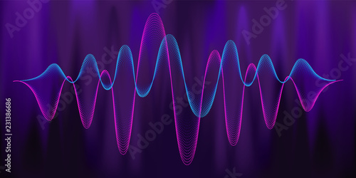 Digital equalizer sound wave vector illustration. Music neon background. Illuminated digital audio wave of glowing particles. Sound frequency waveform. Dynamic light flow with neon light effect.