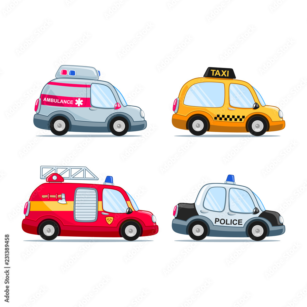 Cartoon style cars set, including fire truck, police car, taxi and ambulance  Stock Vector | Adobe Stock