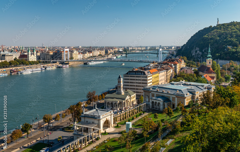 View of Budapest, Hungary, including Gellert Hill and Danube river, with the Elisabeth bridge and the Liberty bridge in the background.