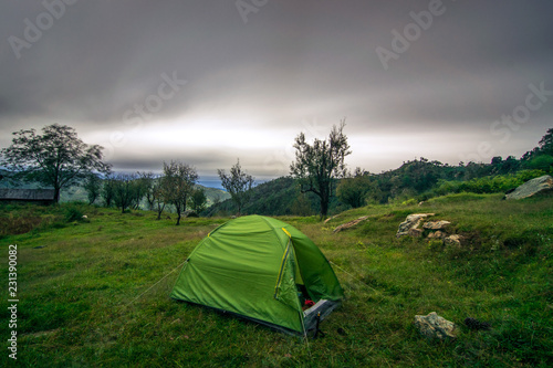 Camping Tent in Himalayas in Cloudy Weather