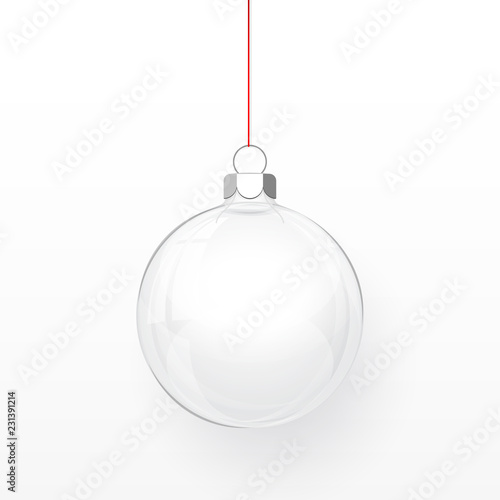 Glass transparent Christmas ball. Xmas glass ball on transparent background. Holiday decoration template. Vector illustration