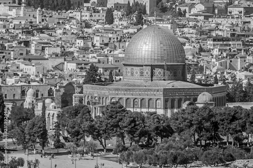 JERUSALEM, ISRAEL. October 30, 2018. A close view of the Dome of the Rock, Islamic shrine located on the Temple Mount in the Old City of Jerusalem. Al Aqsa mosque, Muslim holy place. Black and white.