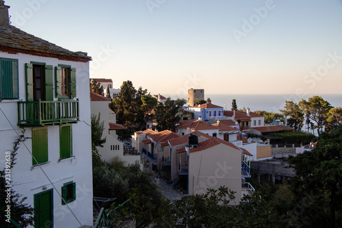 Typical Old Greek Houses and a View of a Small Greek Town of Chora in Greece in the Summer, Alonissos Island Part of the North Sporades, Region Thessali in the Aegean Sea