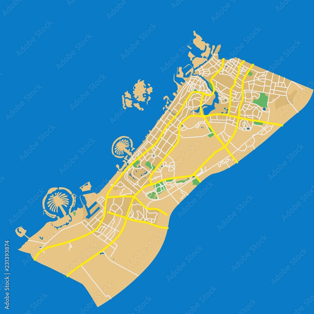 Obraz premium Szczegółowa płaska mapa miasta w Emiratach Arabskich - Dubaj