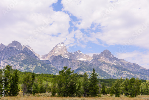 Grand Teton mountain range under cloudy sky