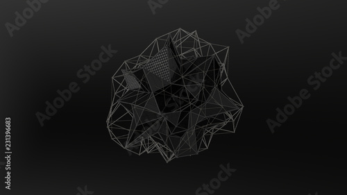 3D illustration of a black crystal of irregular shape, low polygonal abstract figure, on a black background. Futuristic design. 3D rendering