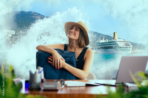 Принти на полотні Woman with suitcase daydreaming about journey idea