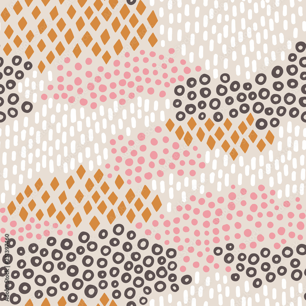 Hand drawn abstract vector pattern with doodle geometric shapes. Circles, dots, diamond, lines, strokes. 