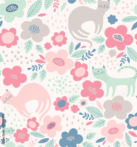 Cute floral pattern with cats. Spring flower vector background in delicate pastel colors.
