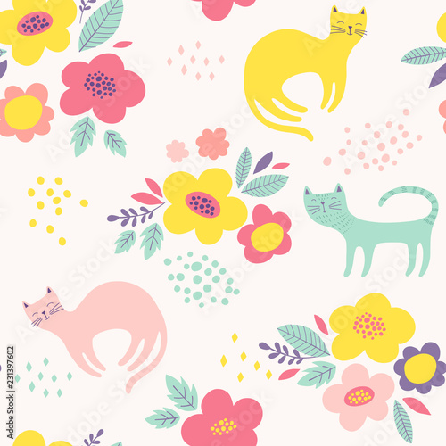 Cute vector pattern with flowers and cats. Seamless floral background. 