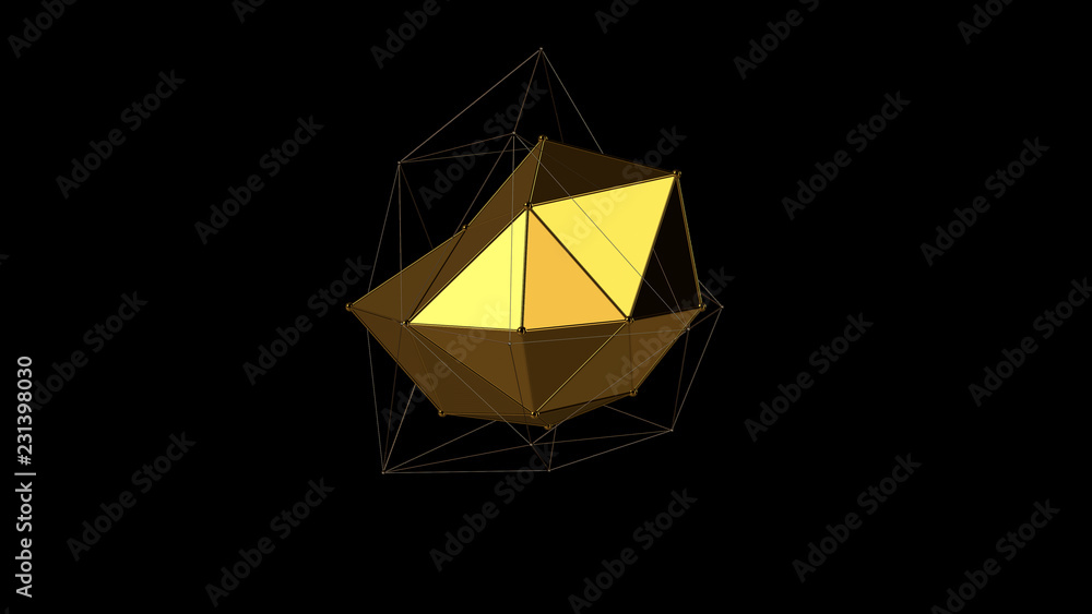 3D illustration of a metal gold crystal of irregular shape, low polygonal abstract figure, on a black background. Futuristic design. 3D rendering, the idea of wealth and prosperity.