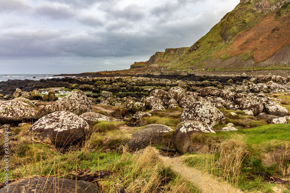 A field of large boulders found on the dramatic Causeway Coast in Northern Ireland under a cloudy sky