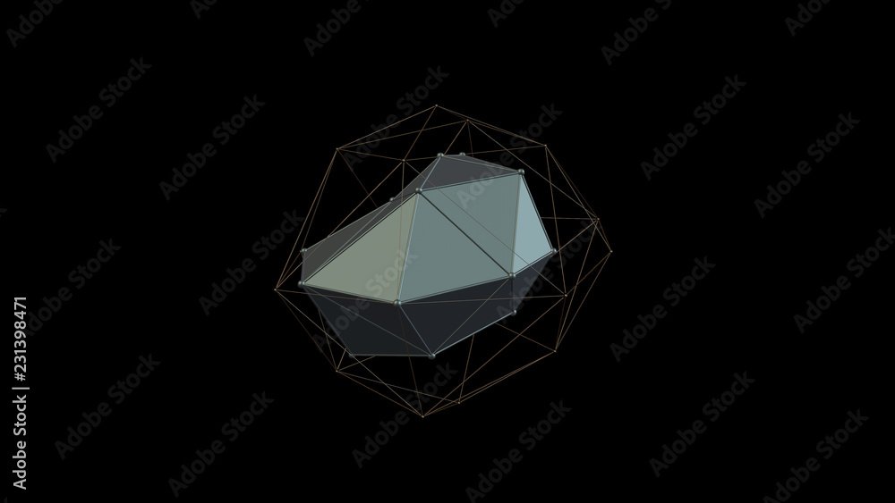 3D illustration of a metal silver crystal of irregular shape, low polygonal abstract figure, on a black background. Futuristic design. 3D rendering, the idea of wealth and prosperity. 3D illustration of a metal silver crystal of irregular shape, low polygonal abstract figure, on a black background. Futuristic design. 3D rendering, the idea of wealth and prosperity.