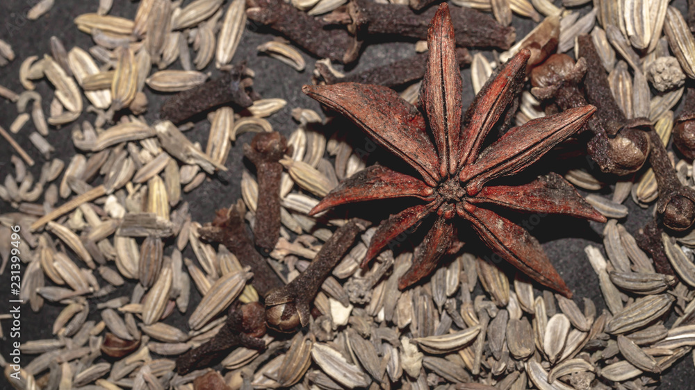 armatic spices and herbs; star anise, cloves and cumin armatic spices and herbs; star anise, cloves and cumin