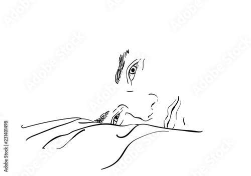 Sketch of handsome man face laying in bed, Hand drawn vector linear illustration